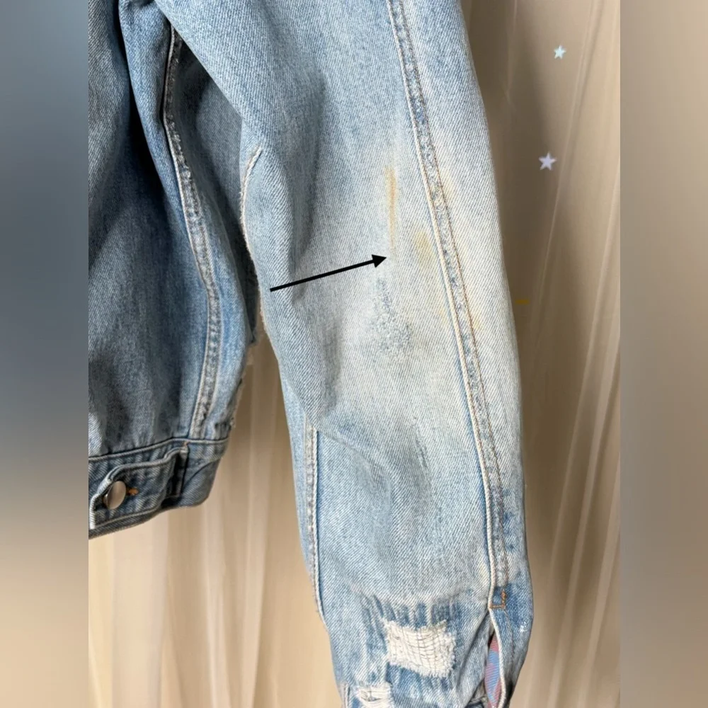 Free People Plaid Lined Denim Sherpa Collar Trucker Oversized Jacket *Flawed - Picture 7 of 9